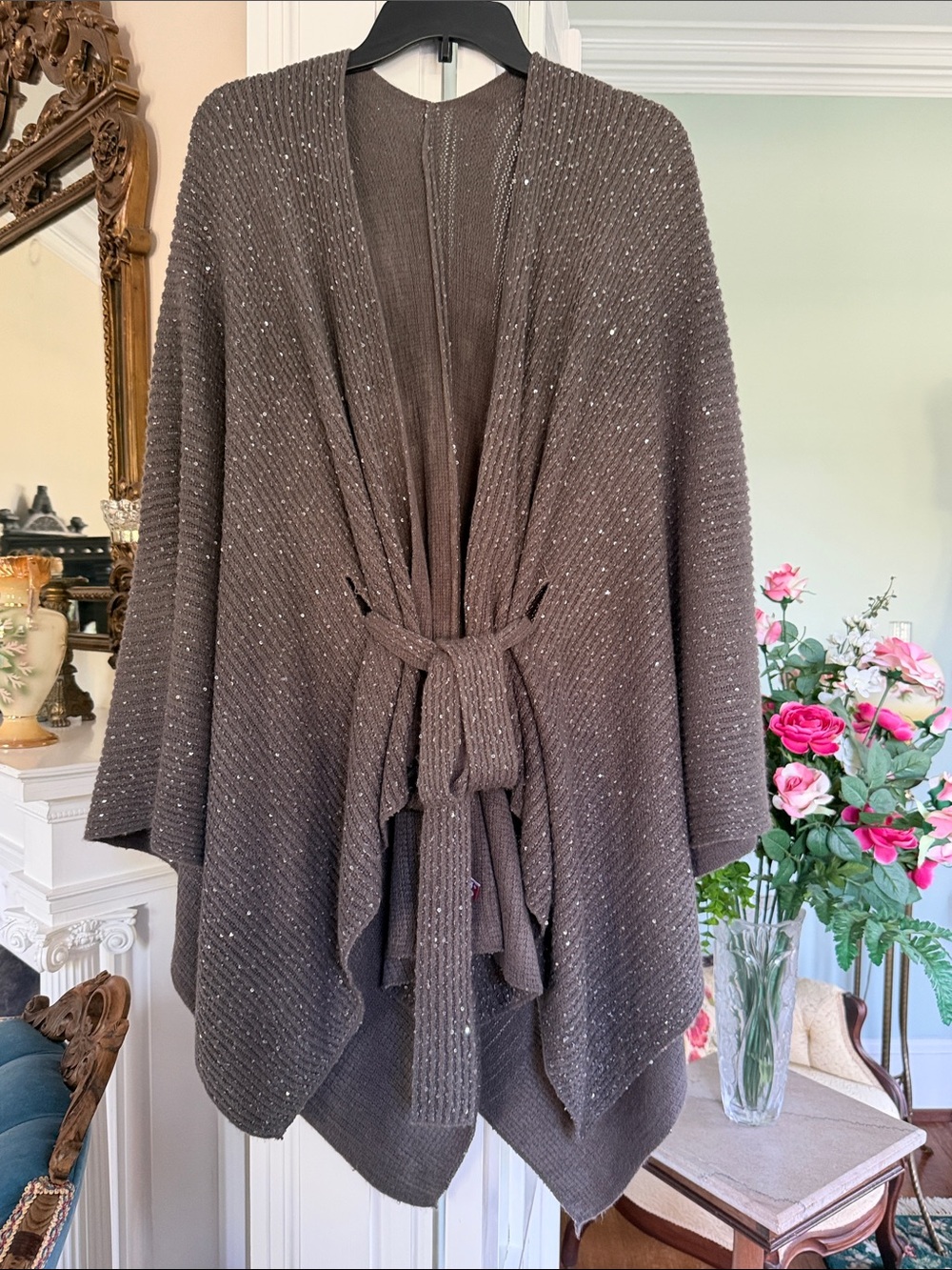 Smoky Gray Taupe Sparkle Knit Wrap Cape with Self-Tie Belt, one size fits most